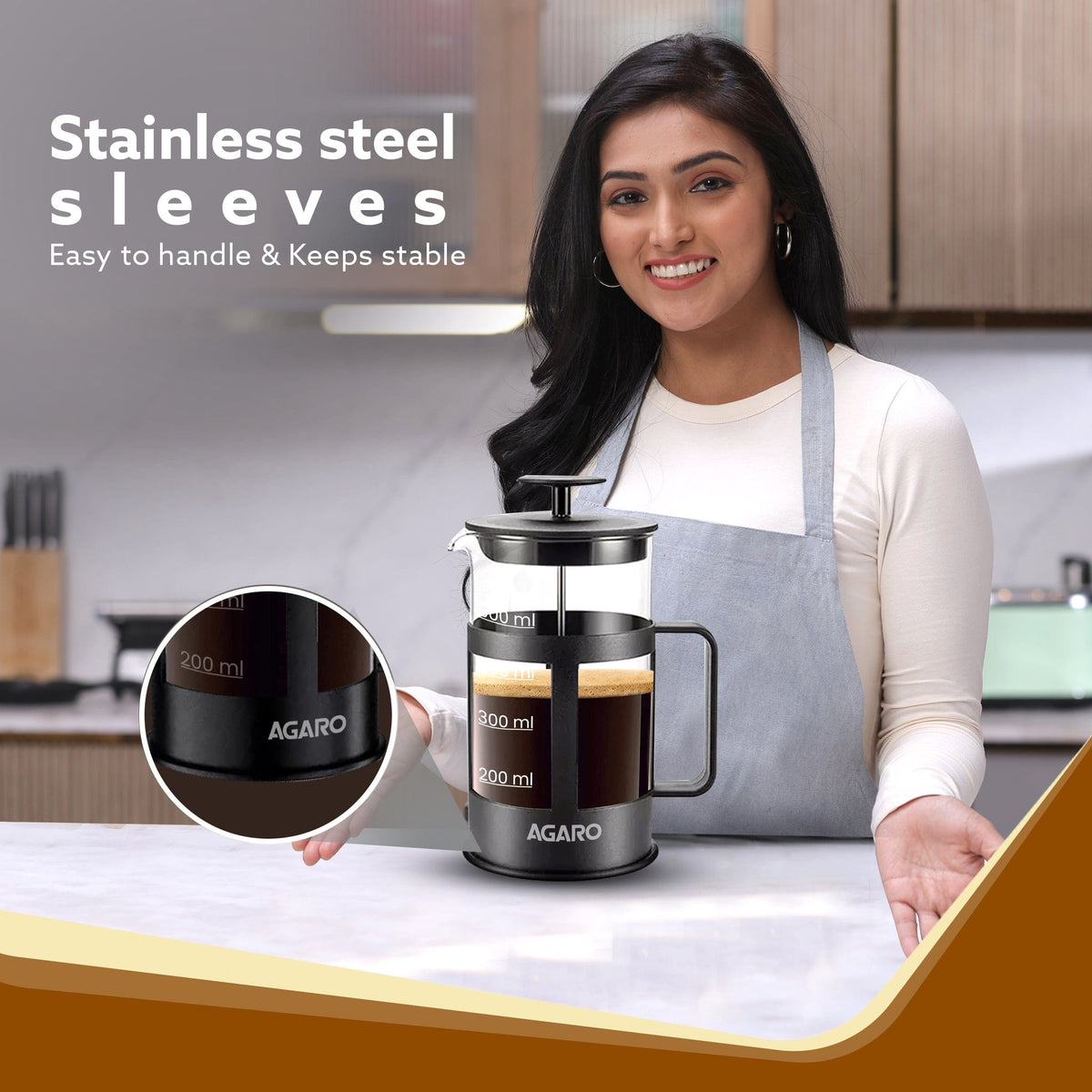 AGARO Delite French Press Coffee And Tea Maker, Borosilicate Glass Body With Sleeves, Glass Carafe, BPA Free Plastic Lid