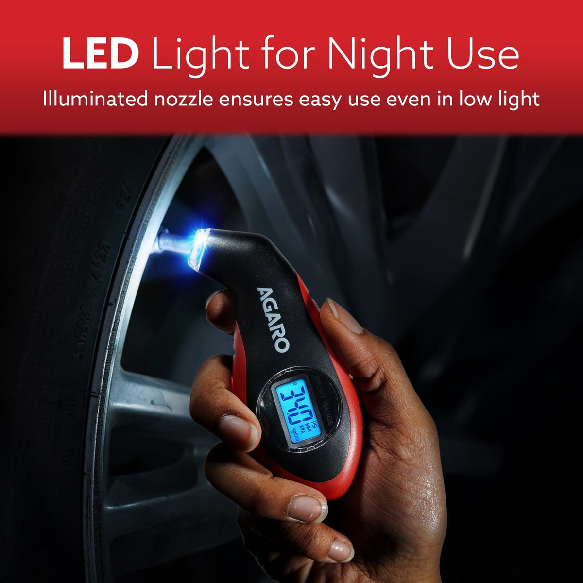AGARO Digital Tyre Pressure Gauge, 0–150 PSI, 4 Units, Backlit LCD, Non-Slip Grip & LED Nozzle, Portable Tyre Pressure C