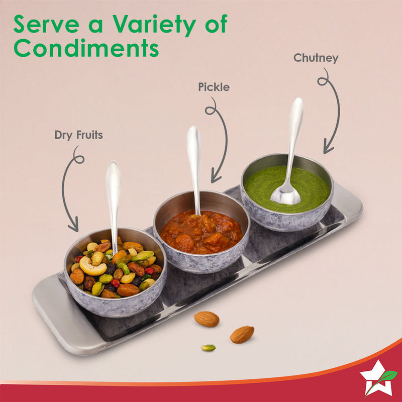 Wonderchef Modena Stainless-steel 7 Pc. Condiment Set, 3 Bowls, 3 Spoons, 1 Tray, Serve Dry Snacks, Chutneys, Dry Fruits