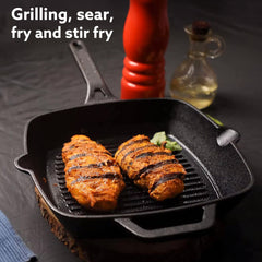 AGARO Royal Pre Seasoned Cast Iron Grill Pan, 24cm Diameter, 1.9L, No Chemical Coating, Rigid Handles, Fast Heating, Hea