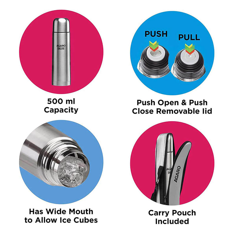 AGARO Delight Stainless Steel Vacuum Flask, 500ML, Hot & Cold Up to 24 Hours, Double Walled Vacuum Insulated, Copper Coating Insulated, Flip top Lid, Leak Proof, Grey.-4