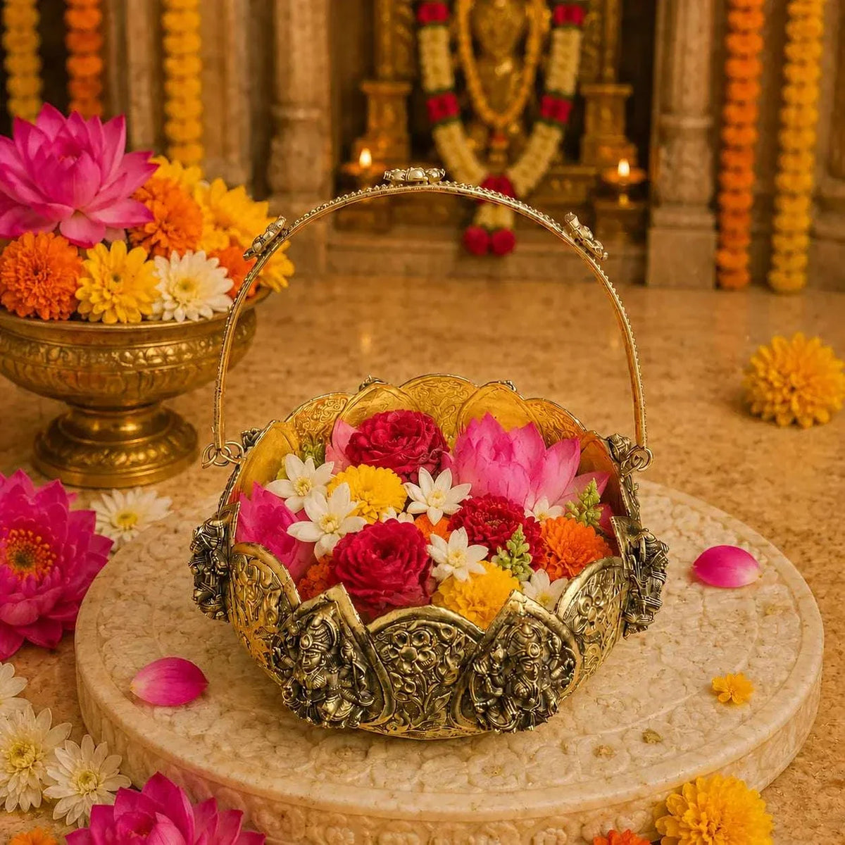 Brass Ashtalakshmi Basket With Handle And Leg (3.5 Inch)