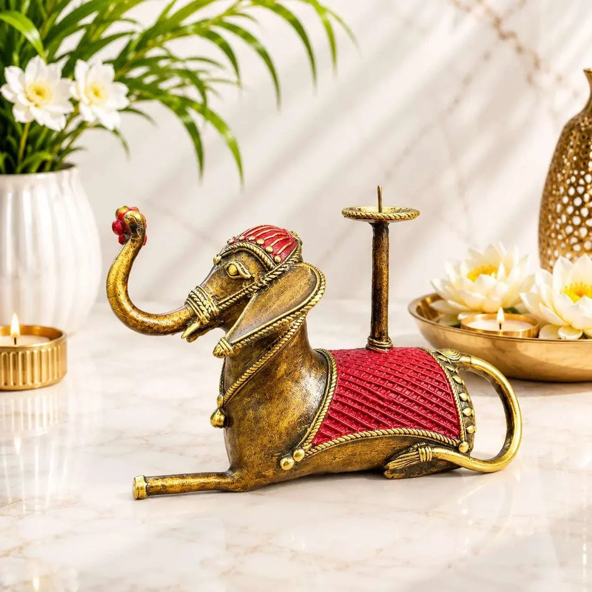 Brass Dhokra Sitting Elephant Statue With Candle Holder (5 Inch)