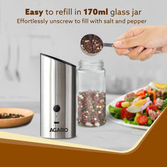 AGARO Gravity Salt & Pepper Automatic Grinder, Refillable, Adjustable Coarseness, Gravity Electric Salt Pepper Mill & Sh