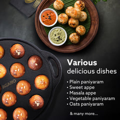 AGARO Royal Pre-Seasoned Cast Iron Paniyaram Pan, 15 pits (4cm x 2cm Each), No Chemical Coating, Rigid Handle, Fast Heat