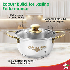 Wonderchef Gold Stanton 2 Pc Casserole Set with Glass Lids, 20 cm/22 cm, Chemical-free Food-grade Stainless-steel, Gold 