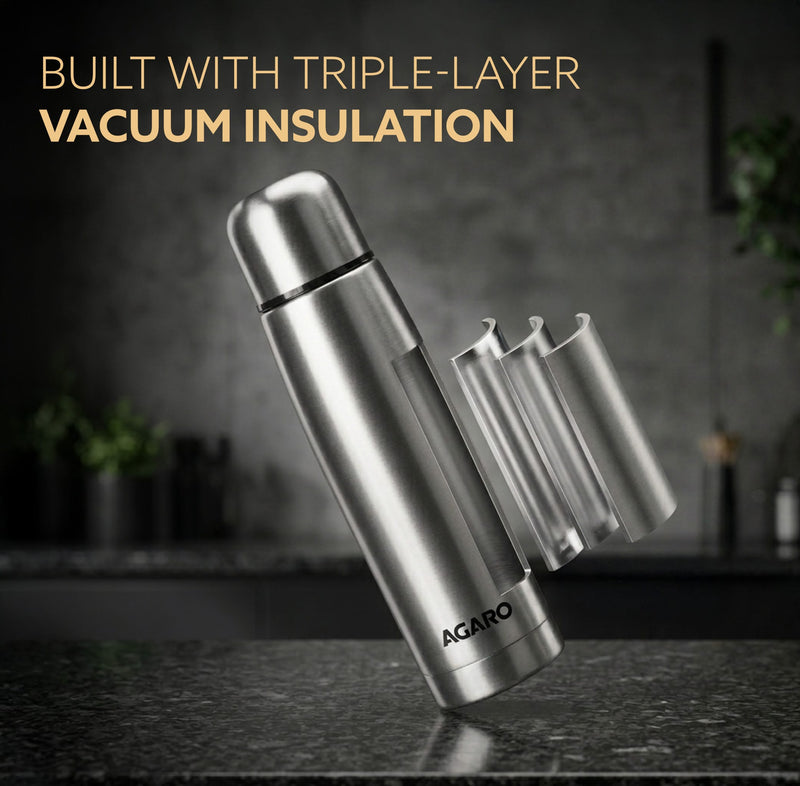 AGARO Delite Stainless Steel Flask with Bag, 1000ml, Up to 24 Hrs Hot & Cold, ISI Certified, Triple Vacuum Insulated, Le