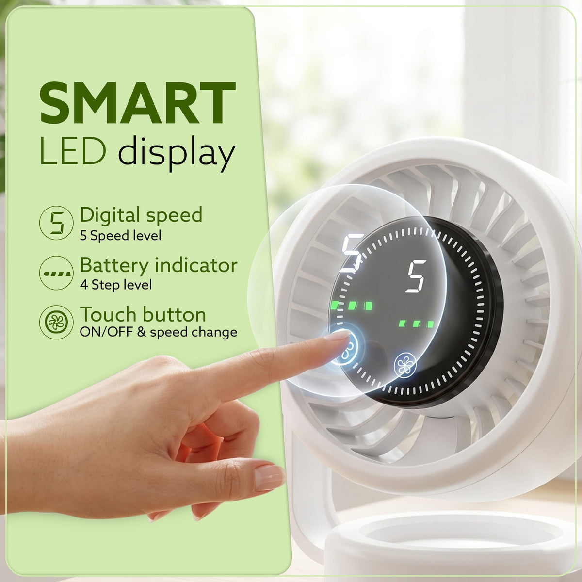 AGARO Regal Rechargeable Digital Desk Fan, 6 Inch, 3600mAh Battery, 5 Speeds, Type-C Charging, LED Display, Brushless Motor, Low Noise Operation, Personal Mini Table Fan for Home Office Bedroom Travel-4
