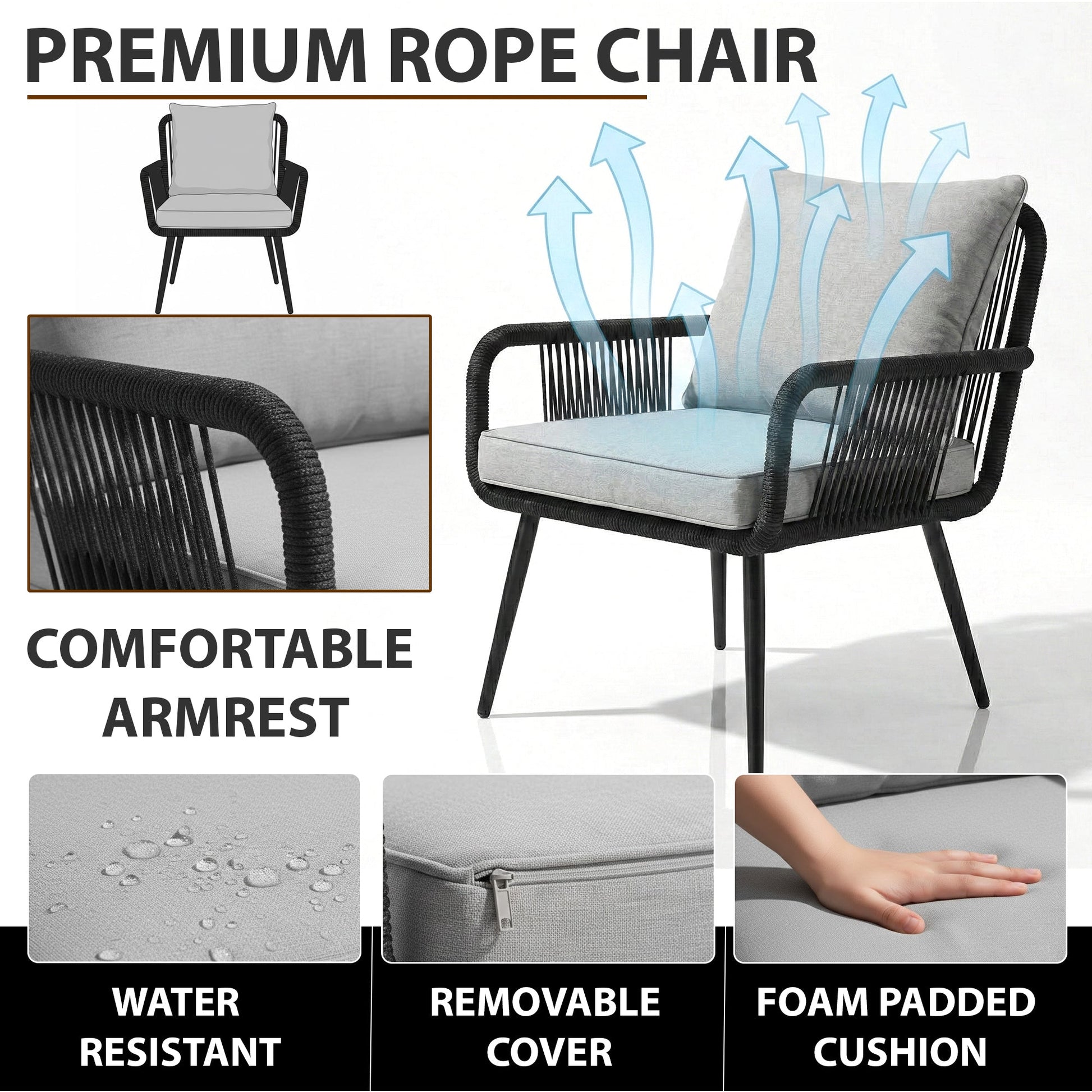 Pulp Outdoor Patio Seating Set 2 Chairs and 1 Table Set (Black) Braided & Rope