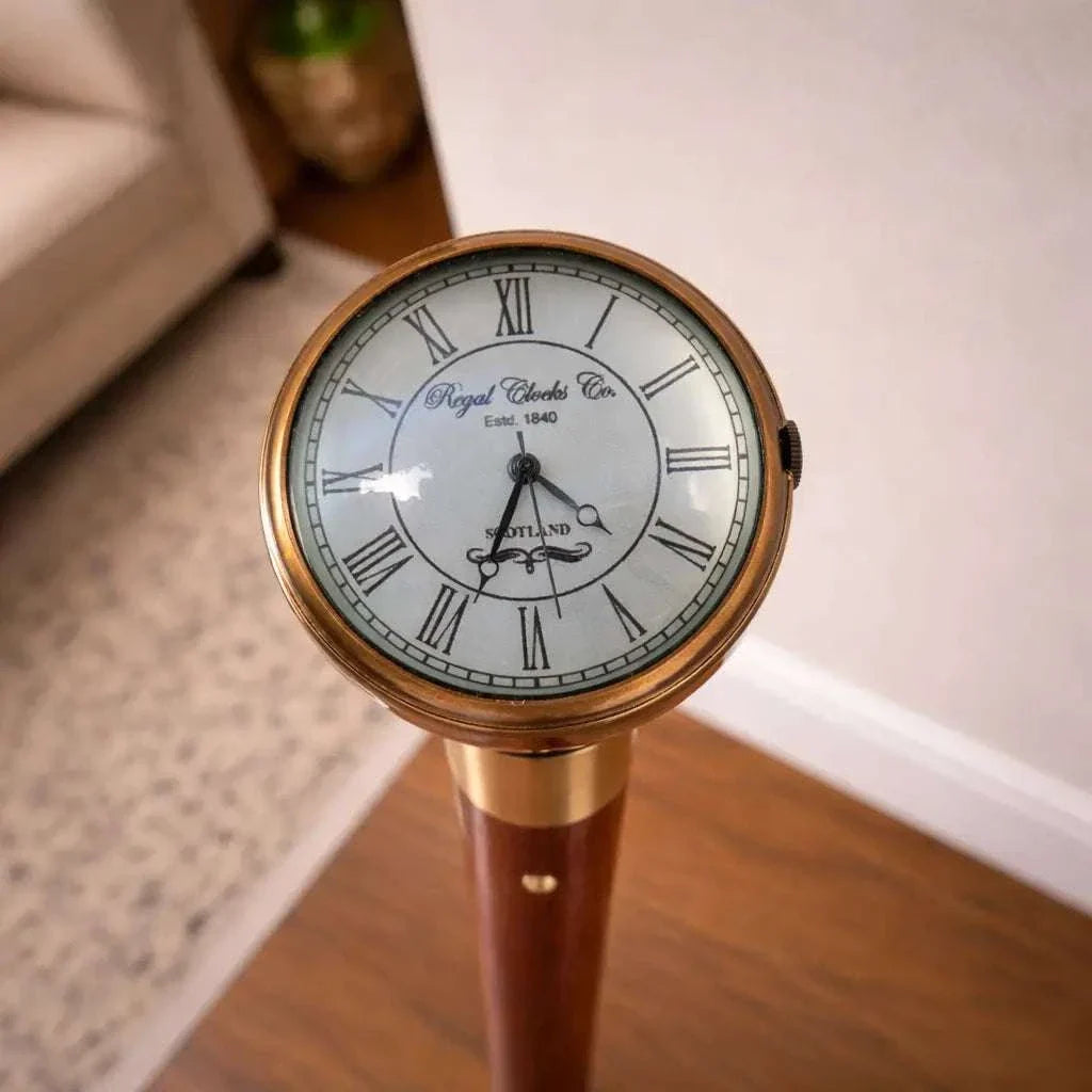 Brass Antique Wooden Walking Stick With Clock/Watch (35.5 Inch)