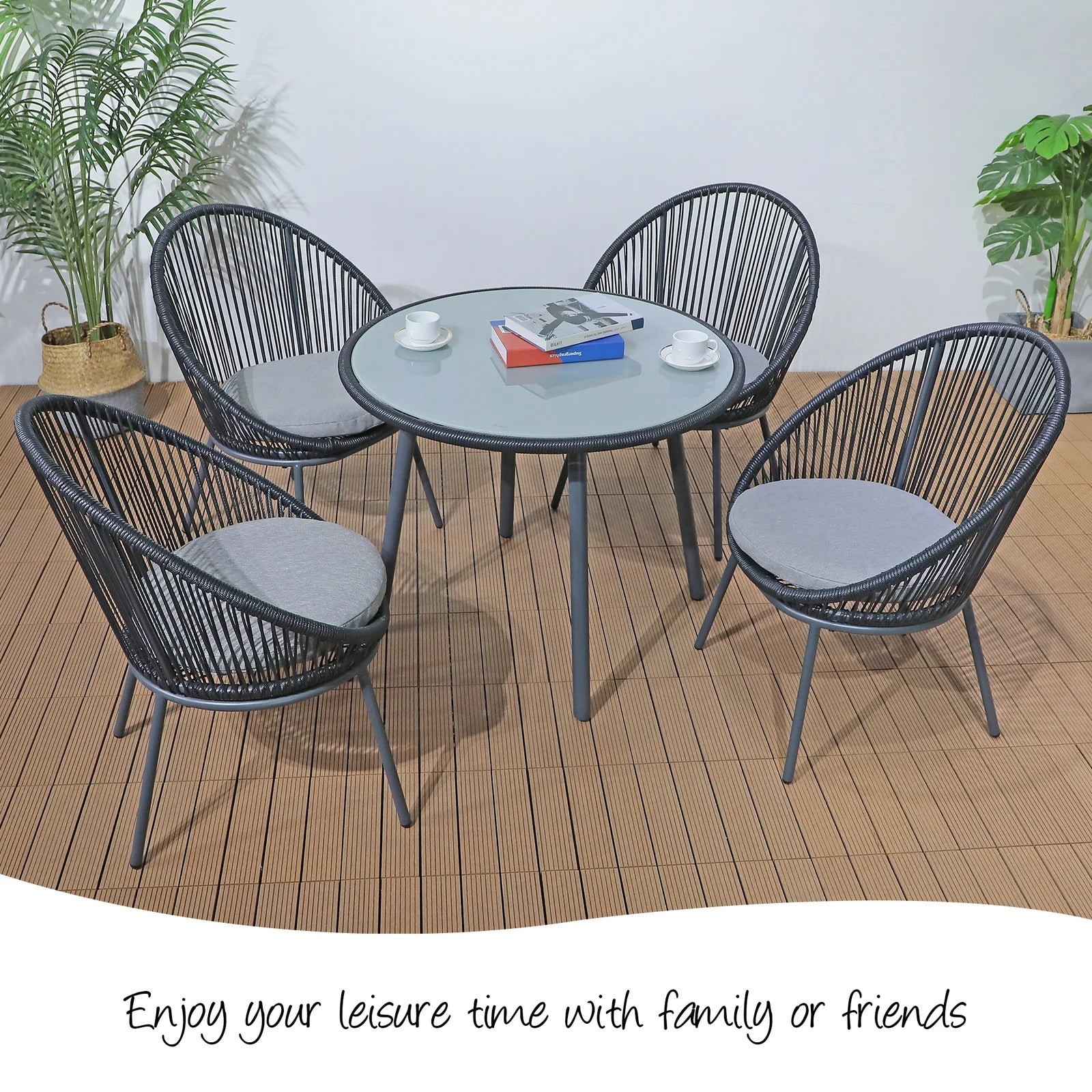 Votion Outdoor Patio Seating Set 4 Chairs and 1 Table Set (Black)