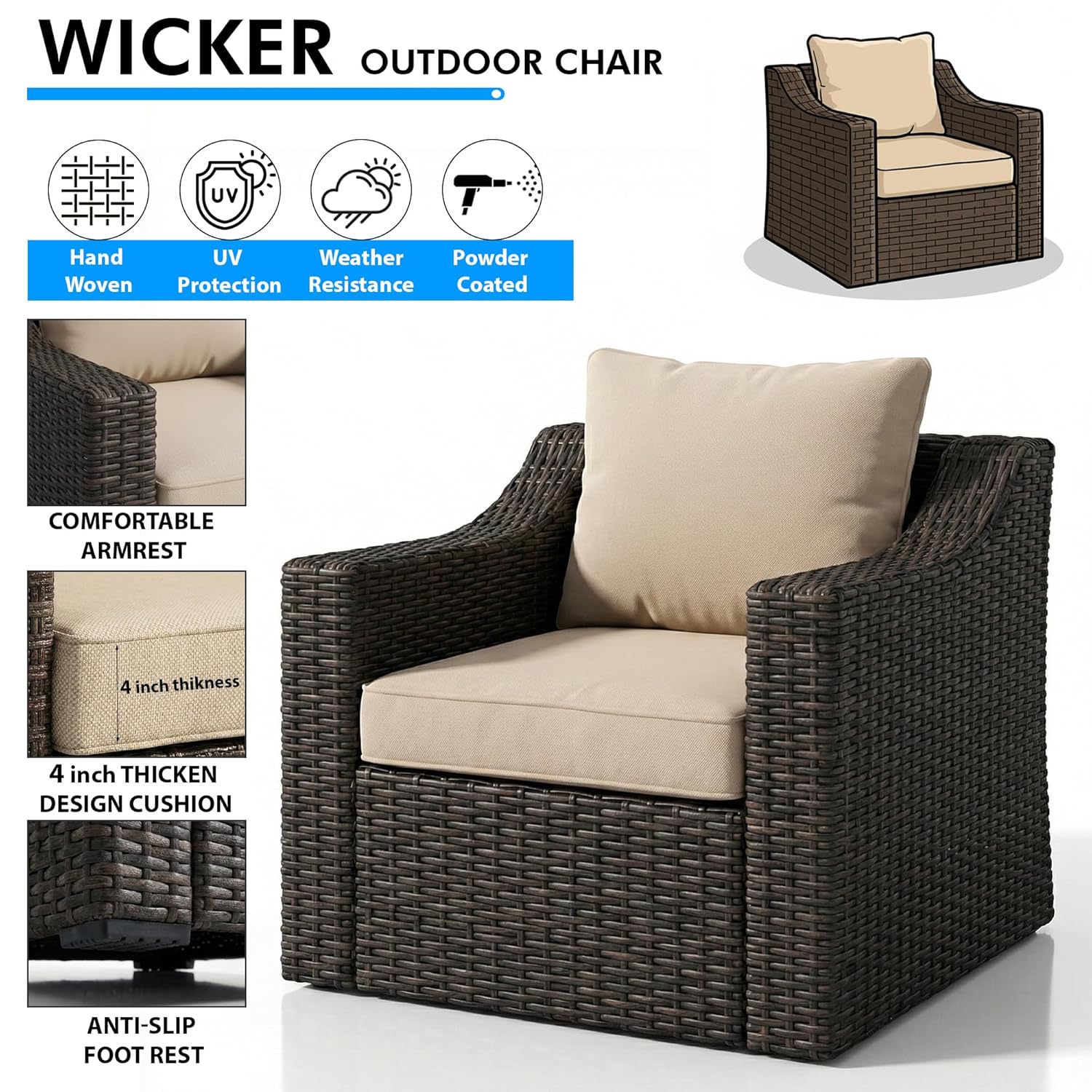 Allesi Outdoor Patio Sofa Set 2 Single Seater , 2 ottoman and 1 Center Table Set (KHAKHI)