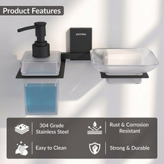 Plantex 304 Grade Stainless Steel Glass Soap Dish with Tumbler Holder/Soap Stand/Bathroom Accessories - Crystal (Black) (Model APS-1516)-5