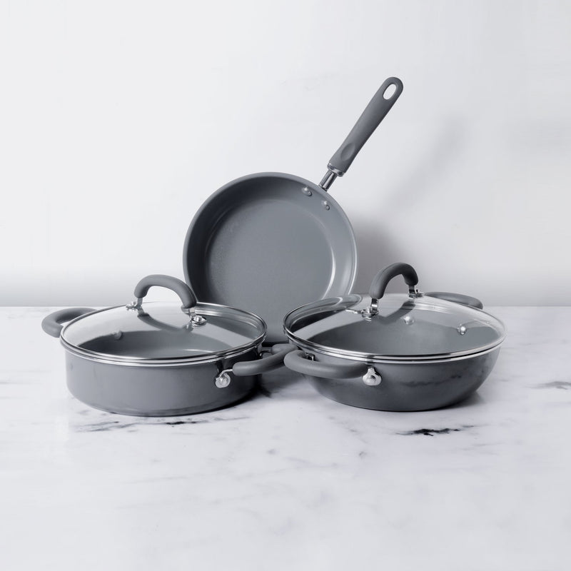 Meyer Anzen Ceramic Coated Cookware 5pcs Set - 24cm Frypan + 24cm Sauteuse with Interchangeable Lid + 26cm Kadai with Lid