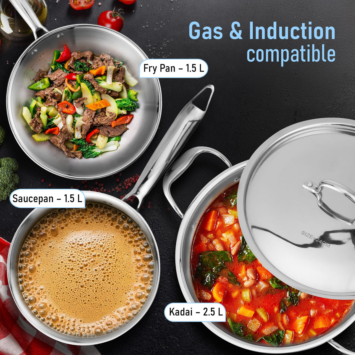 AGARO Regency Triply Cookware Set of 3, 24 cm Kadai with Stainless Steel Lid, 22 cm Frying Pan & 16 cm Saucepan-4