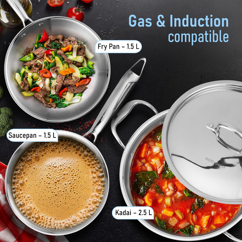 AGARO Regency Triply Cookware Set of 3, 24 cm Kadai with Stainless Steel Lid, 22 cm Frying Pan & 16 cm Saucepan-4