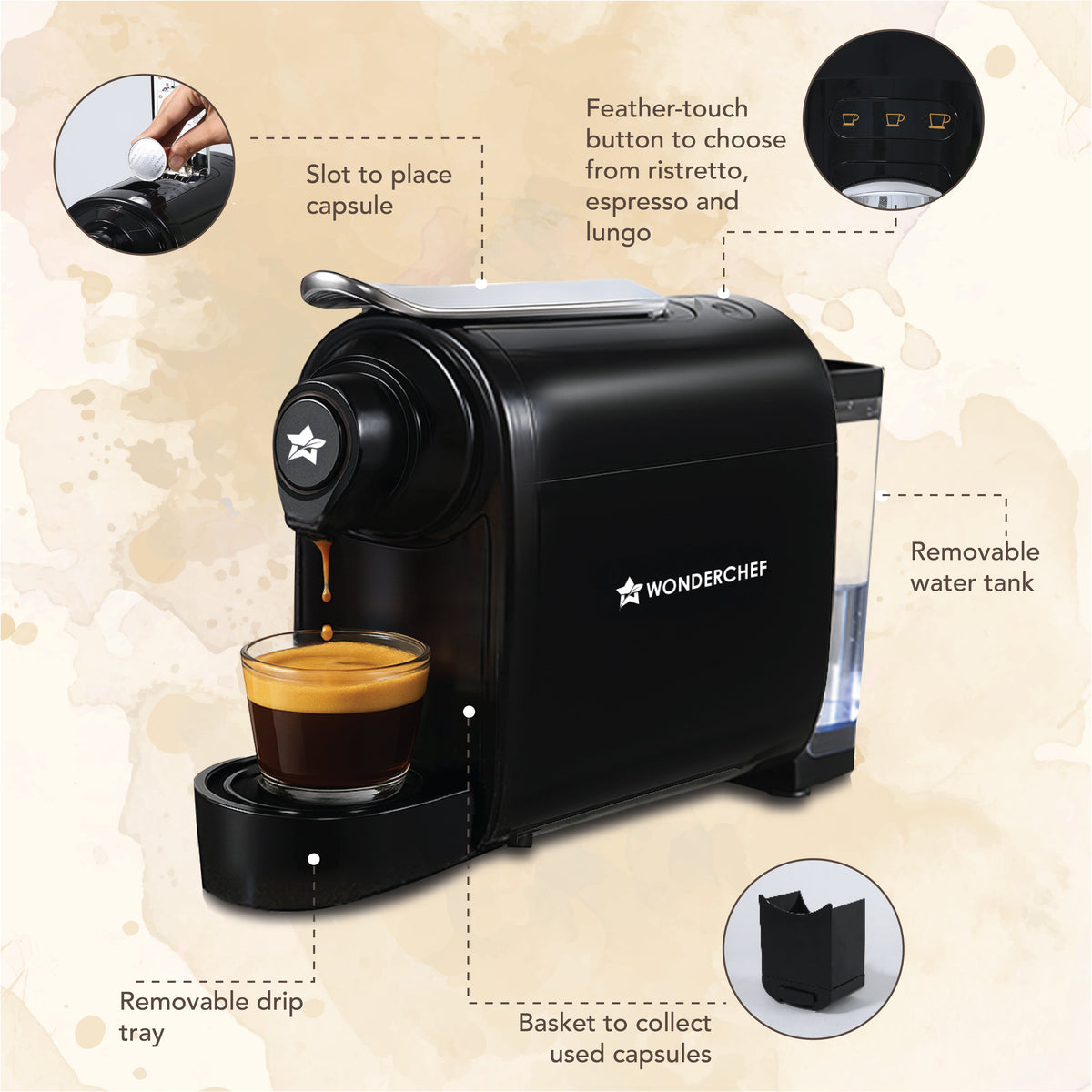 Wonderchef Regalia 15 Bar Capsule Coffee Maker with Free Frother for Cappuccino | Perfect Expresso Shots - Ristretto, Es