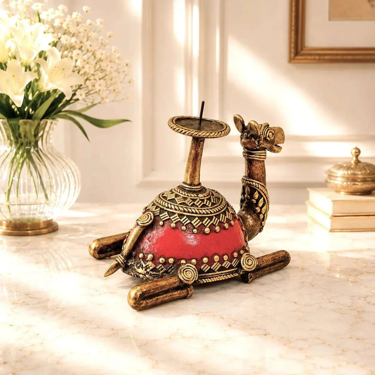 Brass Dhokra Sitting Camel Candle Stand (5 Inch)