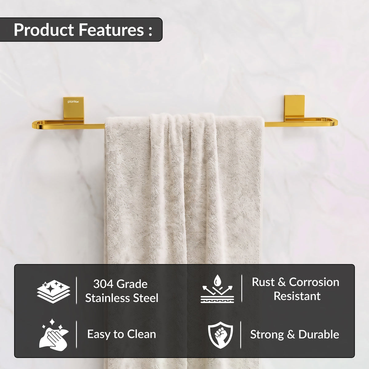 Plantex 304 Grade Stainless Steel 24 inch Single Towel Rod for Bathroom/Hand Towel Holder/Towel Hanger/Bathroom Accessories, Crystal (PVD Gold)-4