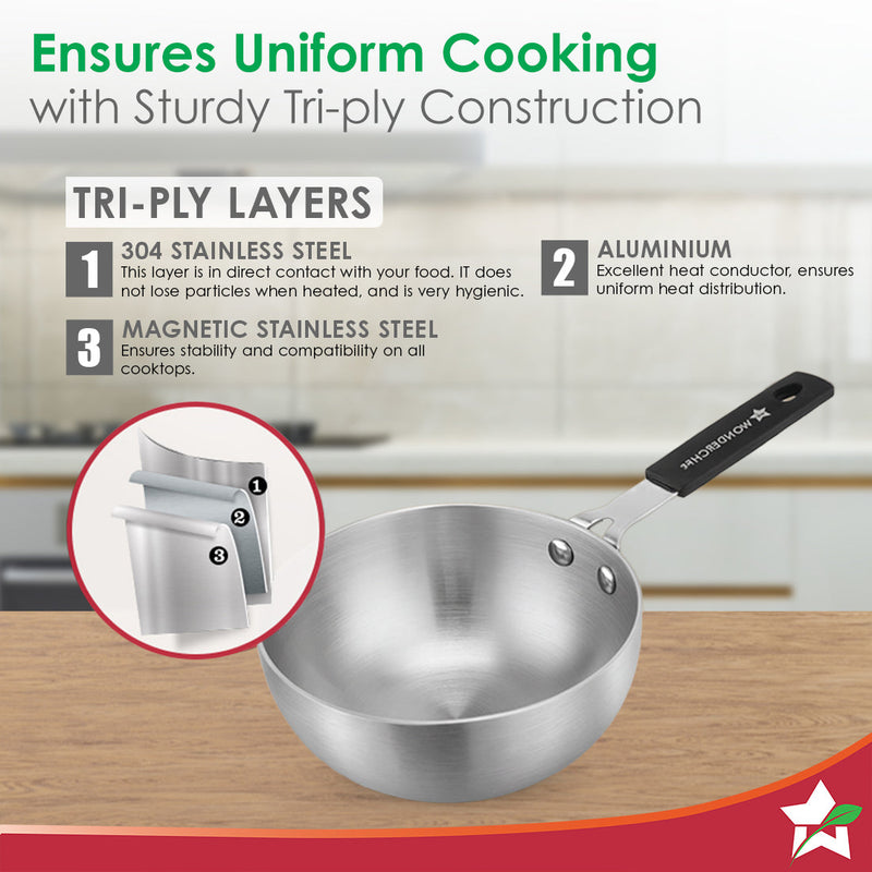 Wonderchef Venice Tri-ply Stainless-steel Mini Wok Tadka Pan | 650 ml, 14 cm | Cool-touch Silicone Handle | Warp-resista