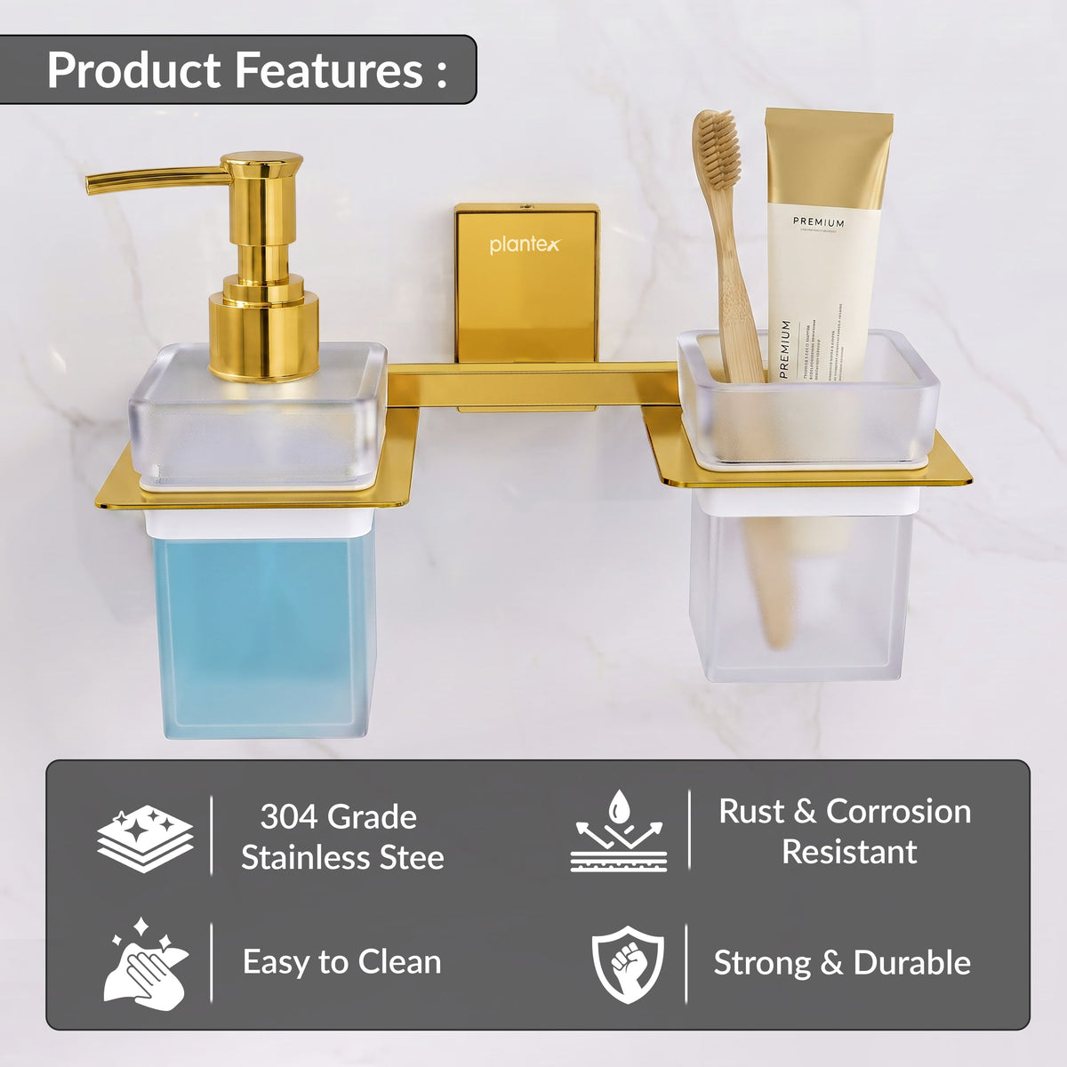 Plantex 304 Grade Stainless Steel Glass Liquid Dispenser with Tumbler Holder/Toothbrush Holder/Shampoo Dispenser for Washbasin/Kitchen/Bathroom Accessories - Pack of 1 (Crystal, PVD Gold)-4