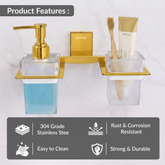 Plantex 304 Grade Stainless Steel Glass Liquid Dispenser with Tumbler Holder/Toothbrush Holder/Shampoo Dispenser for Washbasin/Kitchen/Bathroom Accessories - Pack of 1 (Crystal, PVD Gold)-4