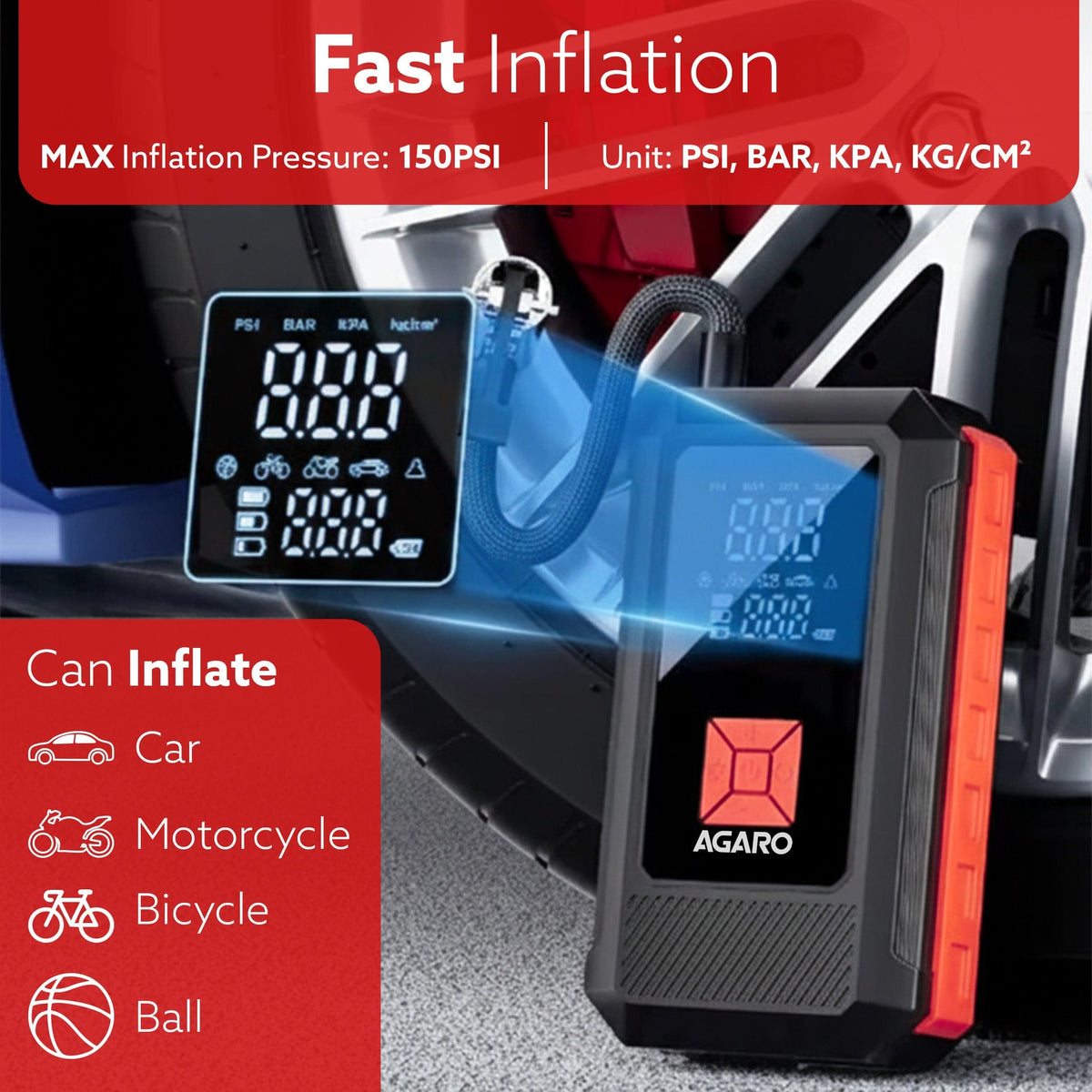 AGARO Regal Tyre inflator & Jump Starter, For Cars & Bikes, 12V, Upto 150 PSI, 10000 mAH Powerful Battery, LED Light, Di