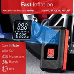 AGARO Regal Tyre inflator & Jump Starter, For Cars & Bikes, 12V, Upto 150 PSI, 10000 mAH Powerful Battery, LED Light, Di