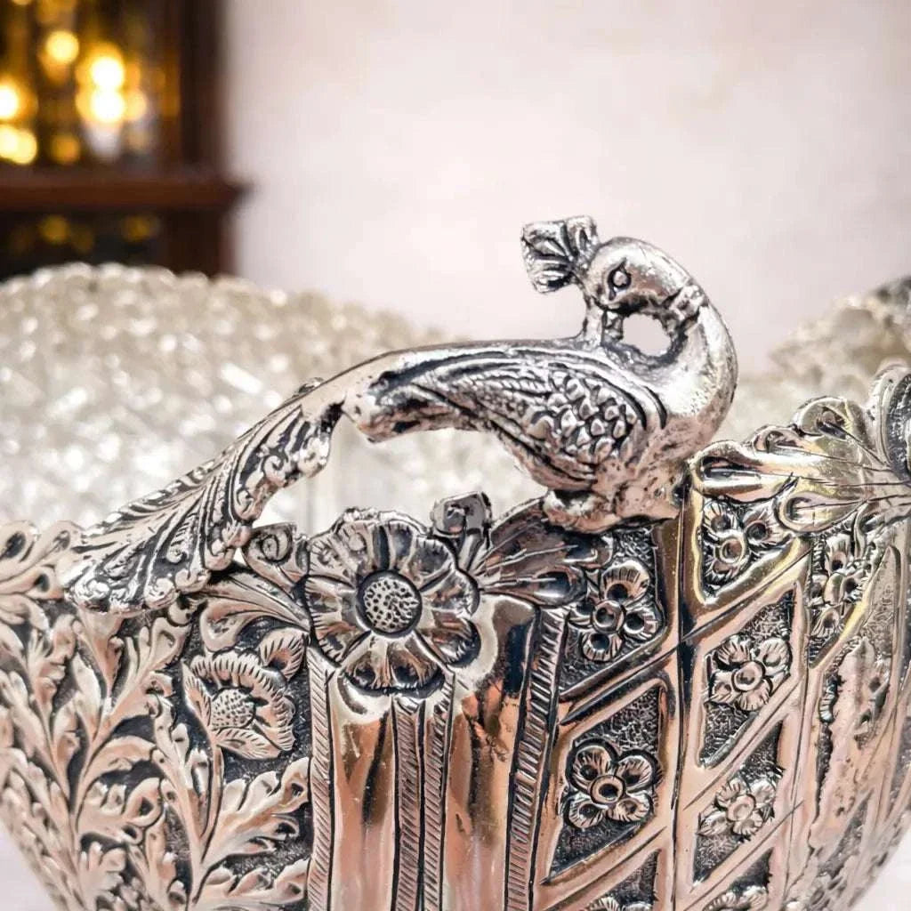 Brass Silver Plated Decorative Basket with Peacock Design (10 Inch)