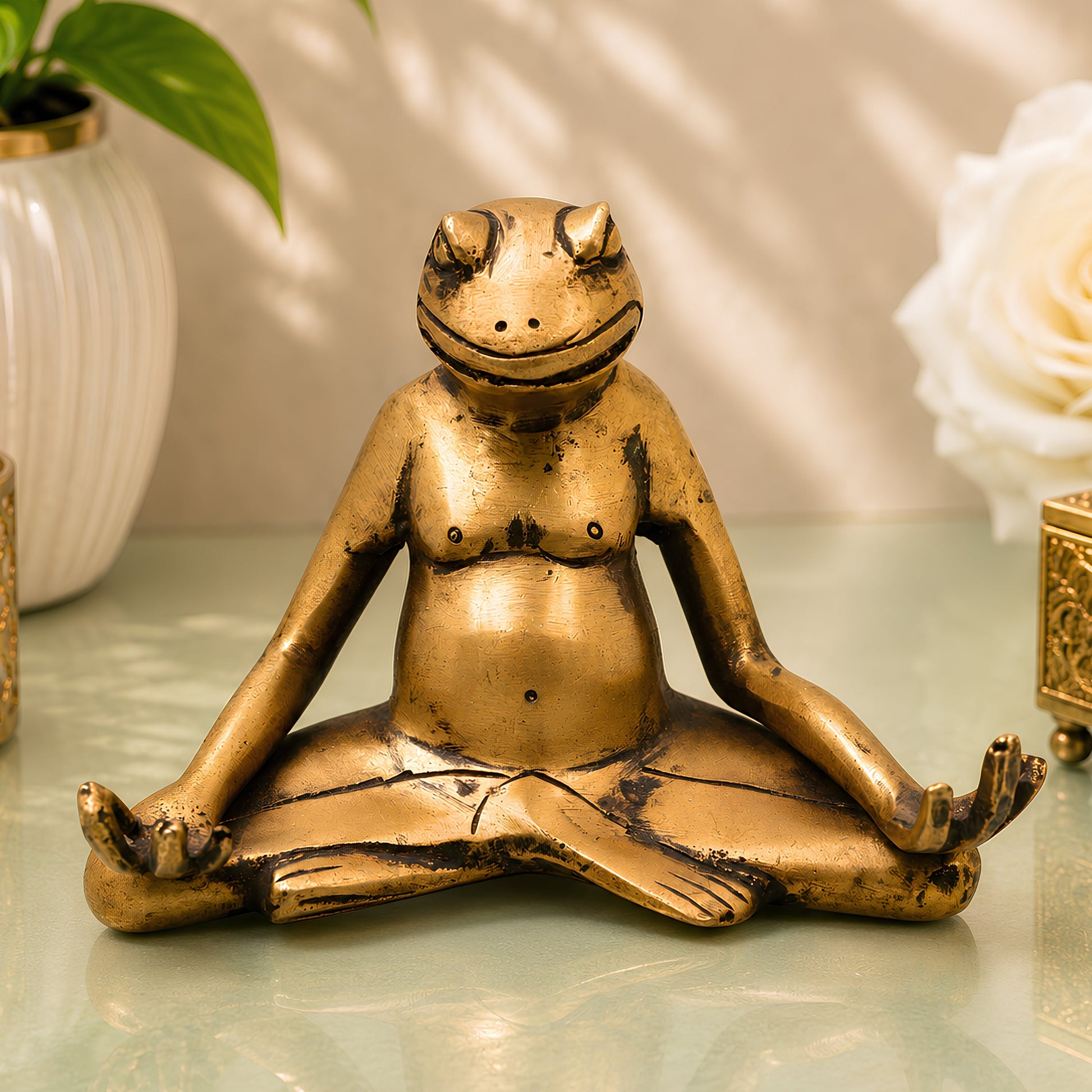 Brass Yoga Frog Sculpture for Meditation, Vastu &amp; Spiritual Home Decor, Gold, 3.5 Inch, 1 Piece