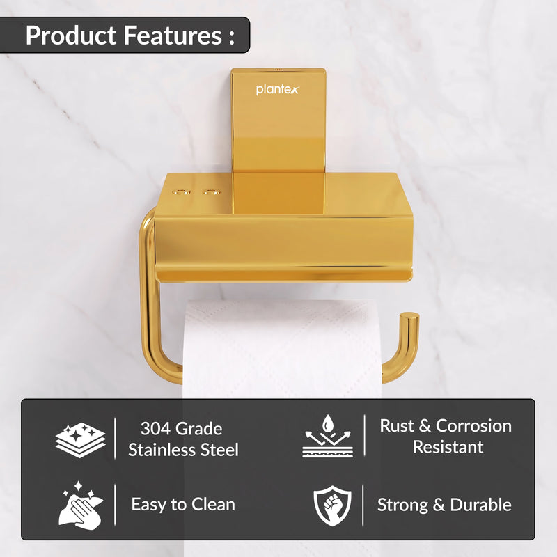 Plantex 304 Grade Stainless Steel Tissue Paper Roll Holder/Toilet Tissue Holder with Mobile Stand/Bathroom Accessories (Crystal, PVD Gold)-6