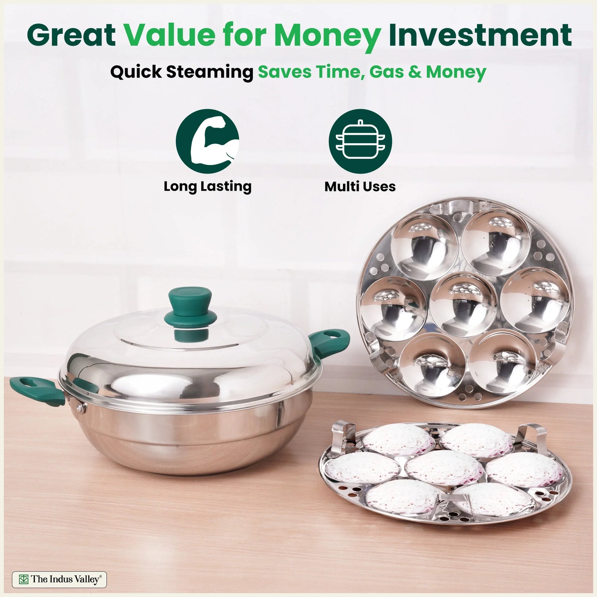 14 Pit Tri-Steel Multi Pot Premium Stainless Steel Idli/ Momo Maker/  Veg Steaming Set, Tri-ply Induction Bottom, 2 Plates, 27cm