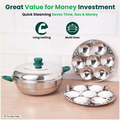 14 Pit Tri-Steel Multi Pot Premium Stainless Steel Idli/ Momo Maker/  Veg Steaming Set, Tri-ply Induction Bottom, 2 Plates, 27cm
