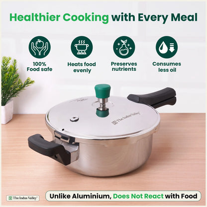 Tri-ply Stainless Steel Pressure Pan, Premium Quality, 3 Layer Thick Body, Heavy Bottom, 100% Food-safe, ISI Certified, Induction & Gas, 3.5/5L