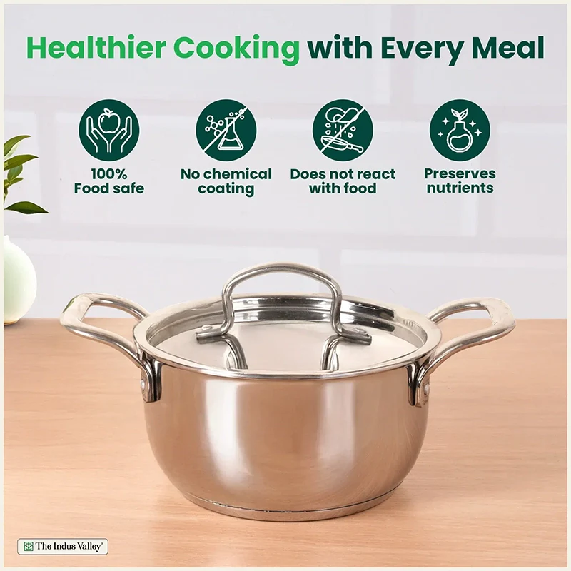Tri-ply Stainless Steel Biryani Pot/ Casserole/ Sauce Pot with Steel Lid, Premium Quality, 3 Layer Thick Body and 5-ply Bottom, 100% Toxin-free, Non-stick, Induction & Gas, 2.3L/18cm
