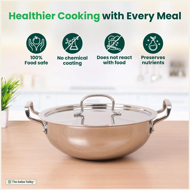 Tri-ply Stainless Steel Kadai with Steel Lid, Premium Quality, 3 Layer Thick Body, 100% Toxin-free, Non-stick, Induction & Gas, 20cm/22cm/24cm/26cm/28cm