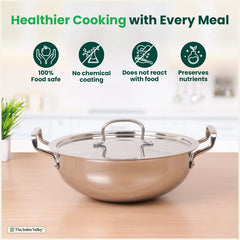 Tri-ply Stainless Steel Kadai with Steel Lid, Premium Quality, 3 Layer Thick Body, 100% Toxin-free, Non-stick, Induction & Gas, 20cm/22cm/24cm/26cm/28cm