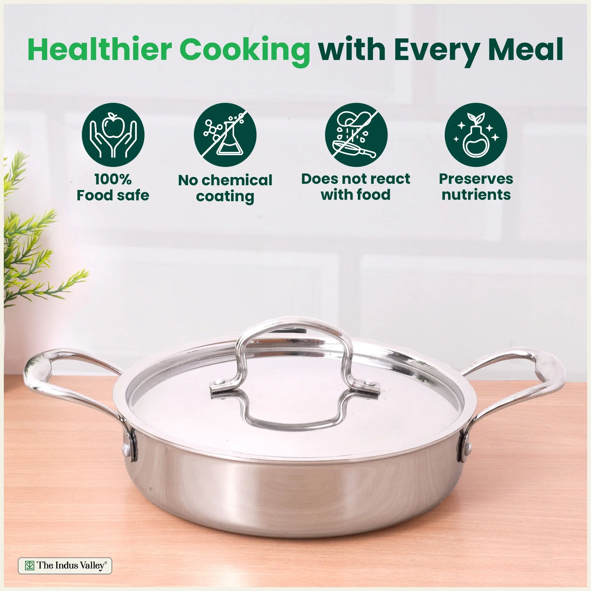 Tri-ply Stainless Steel Saute Pan (22cm, 2L) – No Sticking, No Burning | With Steel Lid | Fast Heating, Healthy Cooking | Induction Safe