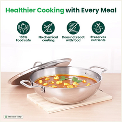 TurboCuk Tri-ply Stainless Steel Kadai+ Steel Lid, Premium Quality, 3 Layer Thick Body, 100% Toxin-free, Non-stick, Induction & Gas, 3L/3.5L/3.9L/4.5L