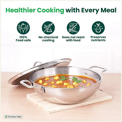 TurboCuk Tri-ply Stainless Steel Kadai+ Steel Lid, Premium Quality, 3 Layer Thick Body, 100% Toxin-free, Non-stick, Induction & Gas, 3L/3.5L/3.9L/4.5L