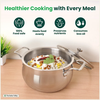 TurboCuk Tri-ply Stainless Steel Handi Casserole/ Biryani Cooking Pot+ Glass Lid, Premium Quality, 3 Layer Thick Body, 100% Toxin-free, Non-stick, Induction & Gas, 4L