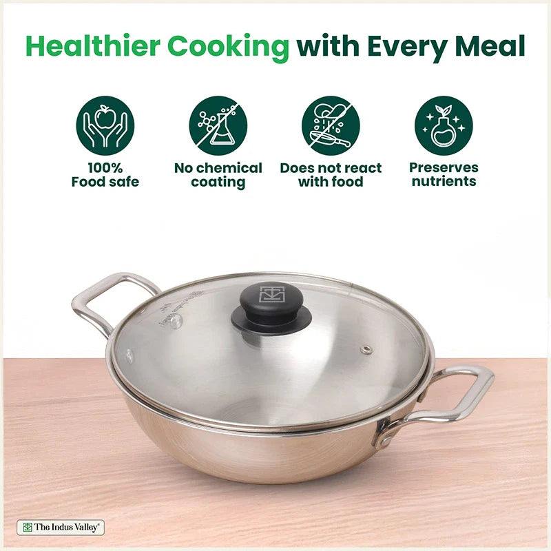 TurboCuk Tri-ply Stainless Steel Kadai+ Glass Lid, Premium Quality, 3 Layer Thick Body, 100% Toxin-free, Non-stick, Induction & Gas, 1.7/2.7/3.5L