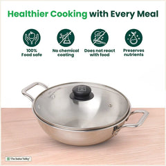 TurboCuk Tri-ply Stainless Steel Kadai+ Glass Lid, Premium Quality, 3 Layer Thick Body, 100% Toxin-free, Non-stick, Induction & Gas, 1.7/2.7/3.5L