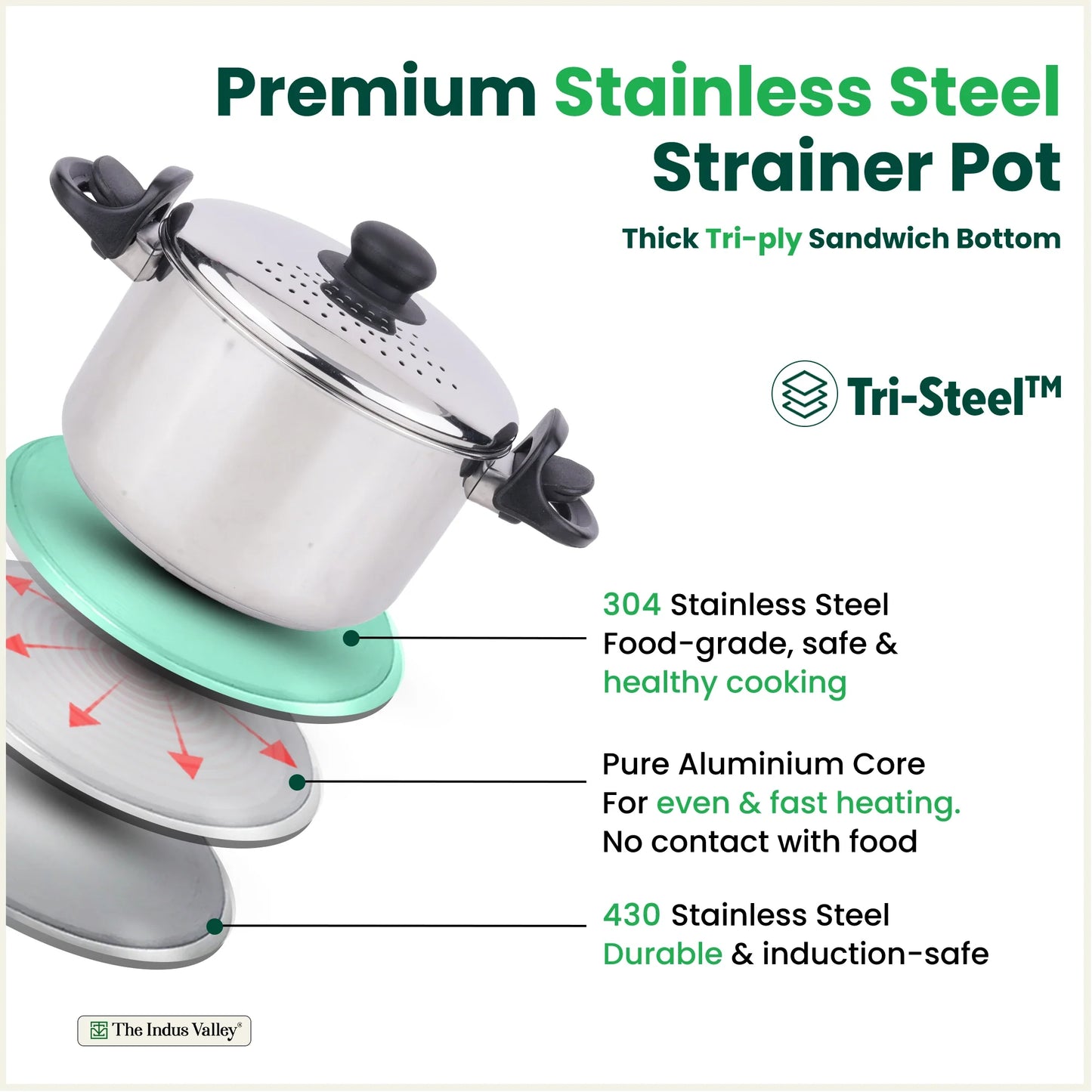 Tri-steel Stainless Steel Rice Pot with Strainer Lid & Lockable Bakelite Handles, Tri-ply 3-Layer Heavy Bottom | Noodle/Pasta/Corn/Soya/Veggies Boiler Pot, Steamer Cooker, Induction & Gas, 1.08 Kg, 19cm, 3.5 L