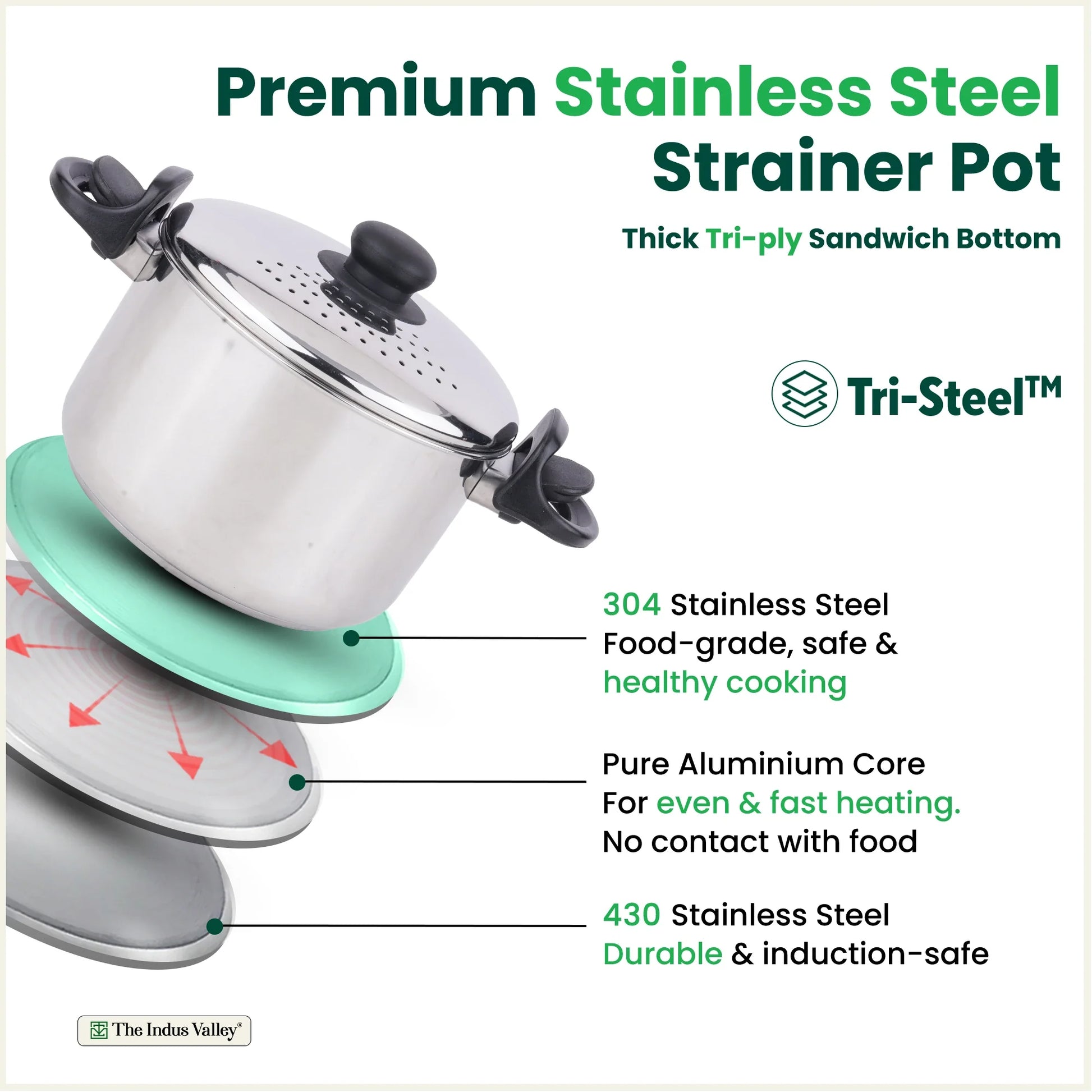 Tri-steel Stainless Steel Rice Pot with Strainer Lid & Lockable Bakelite Handles, Tri-ply 3-Layer Heavy Bottom | Noodle/Pasta/Corn/Soya/Veggies Boiler Pot, Steamer Cooker, Induction & Gas, 1.08 Kg, 19cm, 3.5 L