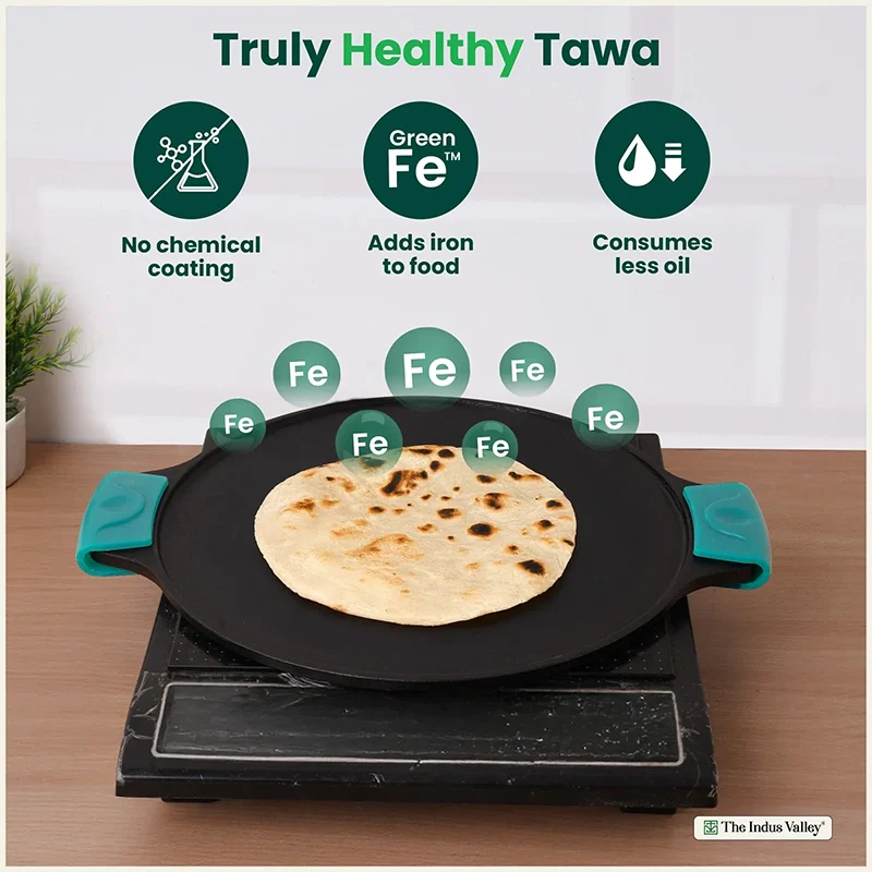 CASTrong Cast Iron Double Handle Tawa with Silicon Handle, Pre-seasoned, Naturally Nonstick, 100% Pure, Toxin-free, Dosa Tawa for Kitchen Use, 11.8 In/30.2 cm/2.4 kg