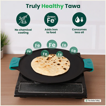 CASTrong Cast Iron Double Handle Tawa with Silicon Handle, Pre-seasoned, Naturally Nonstick, 100% Pure, Toxin-free, Dosa Tawa for Kitchen Use, 11.8 In/30.2 cm/2.4 kg