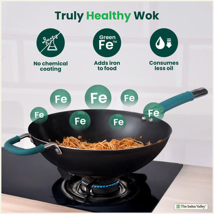 100% Pure Sheet Iron Wok Steel handle with silicone grip & Helper Handle, Toxin-free Sheet Iron, Pre-seasoned, 4L /30 Cm