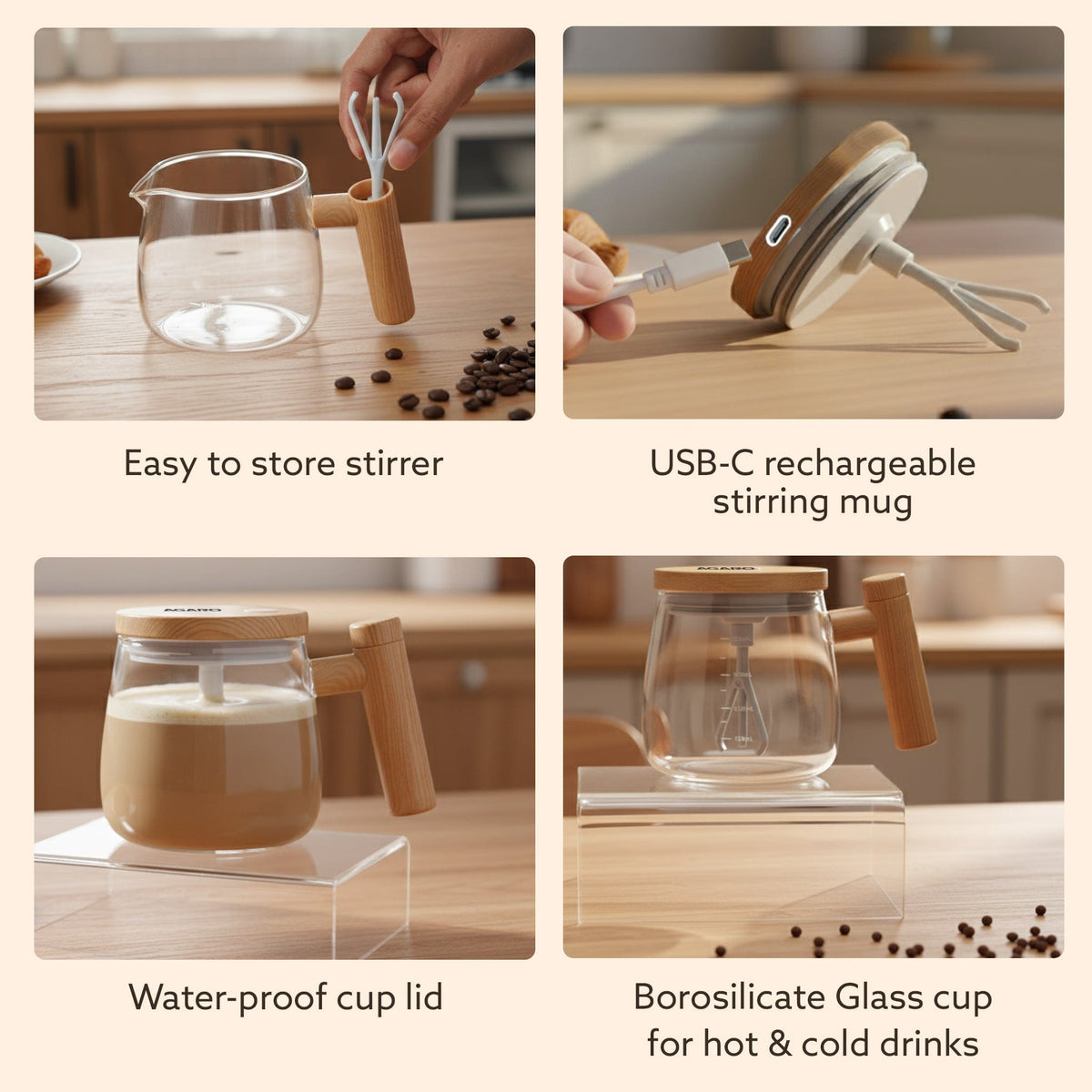 AGARO Self-Stirring Coffee Mug 400ml – Electric Automatic Mixing Cup with Lid, Borosilicate, Rechargeable Operated Blend