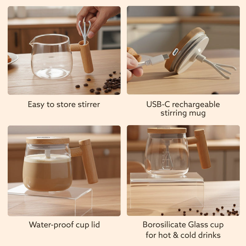 AGARO Self-Stirring Coffee Mug 400ml – Electric Automatic Mixing Cup with Lid, Borosilicate, Rechargeable Operated Blend
